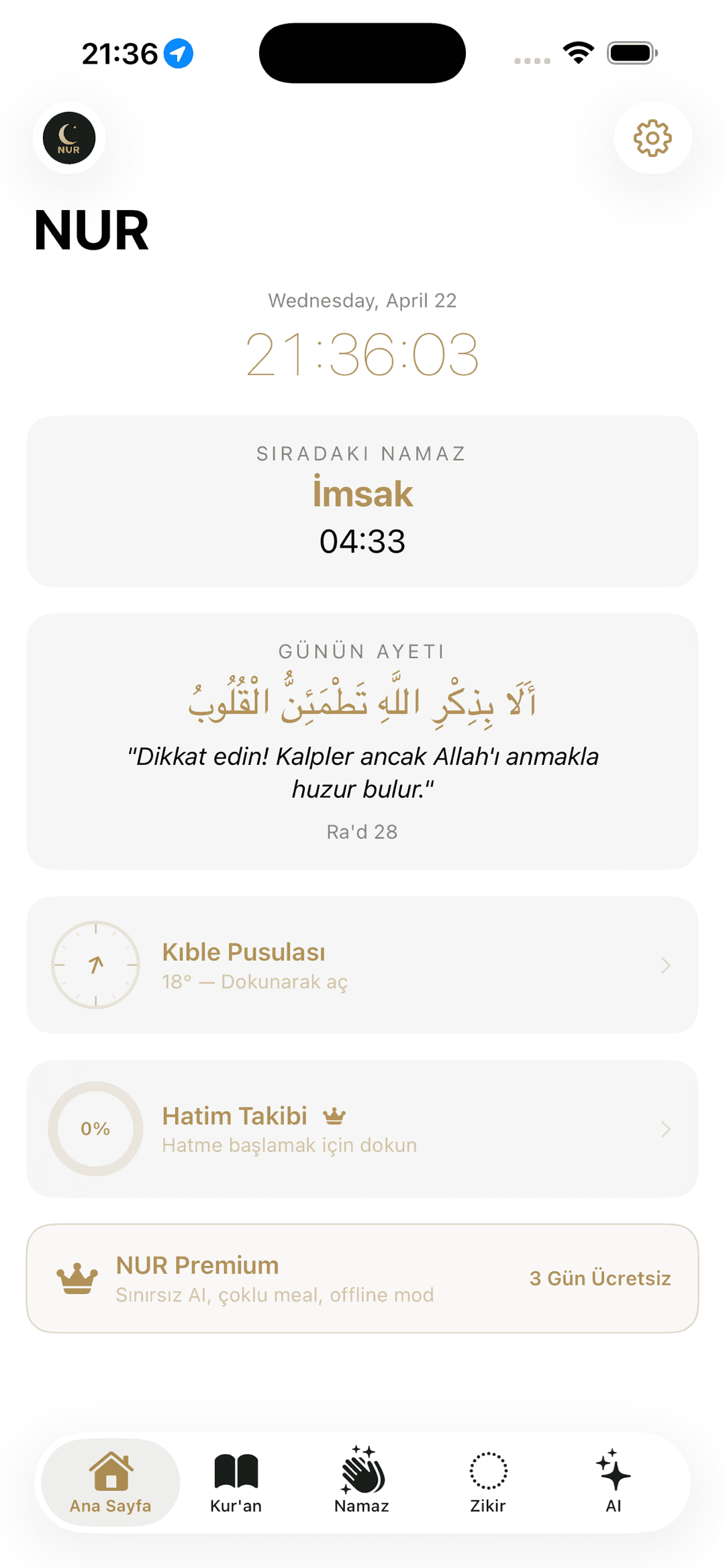 Nur uygulaması ana ekranı