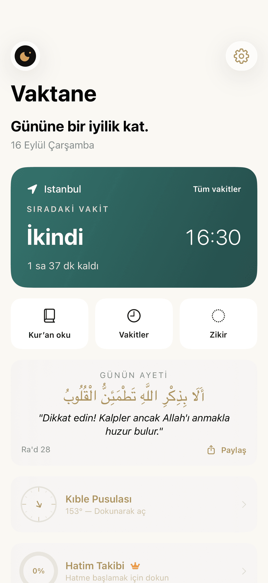 Vaktane uygulaması ana ekranı